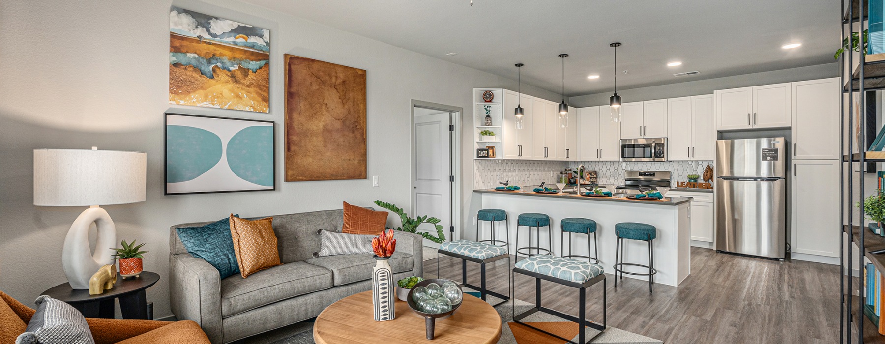 open concept apartment interior with large windows