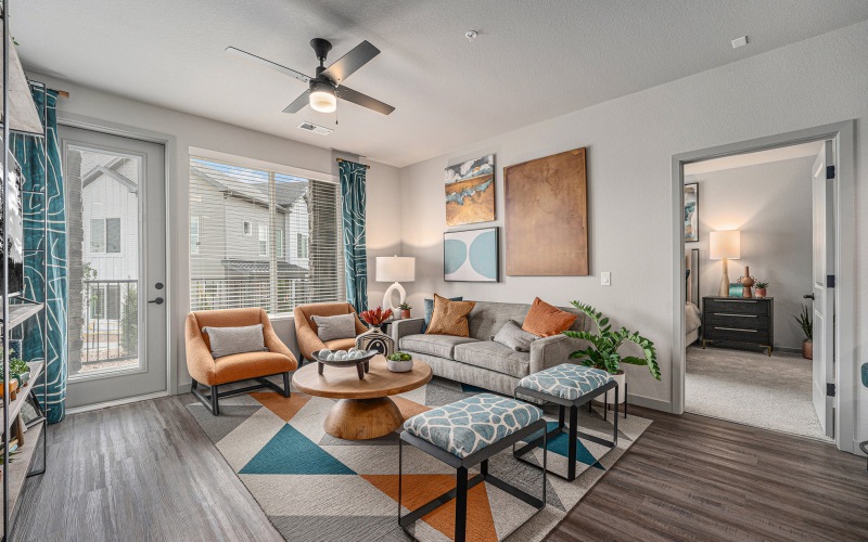 Furnished living room and patio