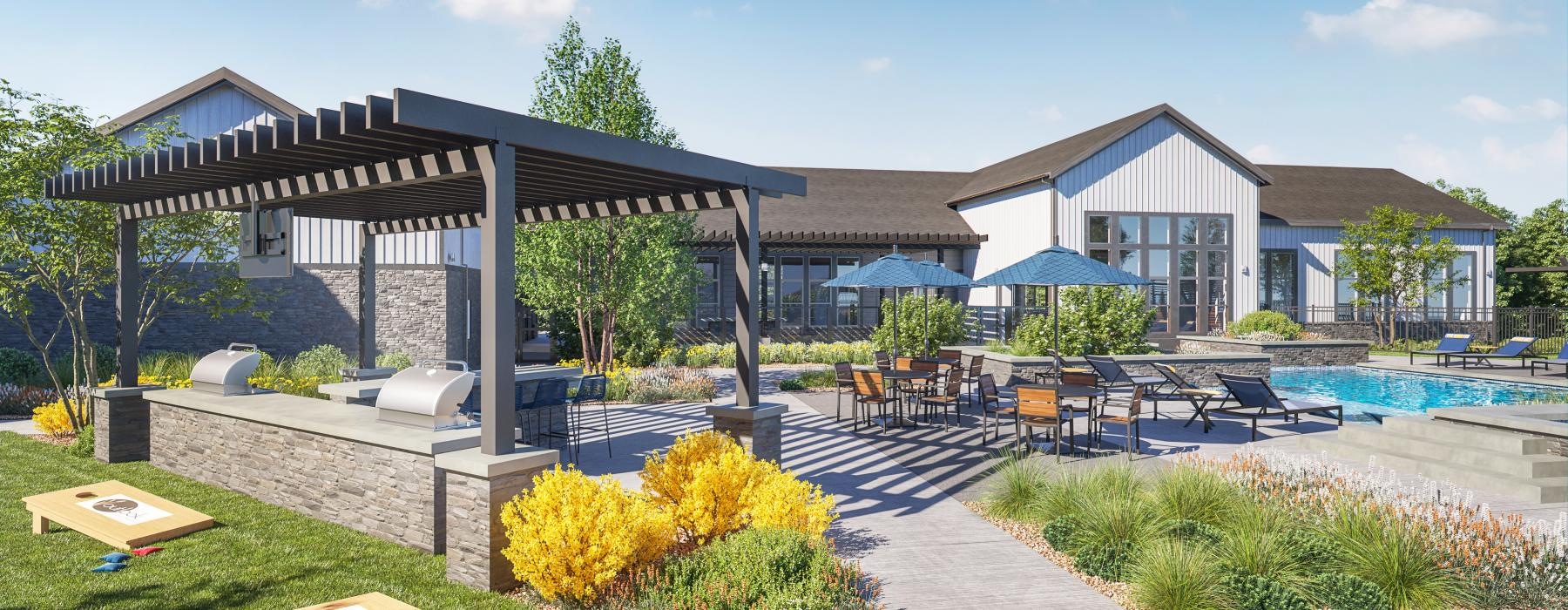 outdoor grilling area near pool